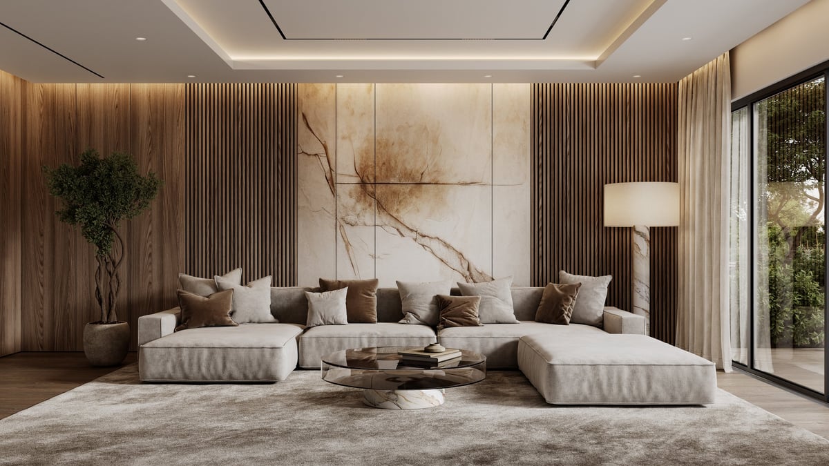 Contemporary interior with sofa, brown wood wall panels, plants, floor lamp, carpet, coffee table and decor. 3d render illustration mockup.