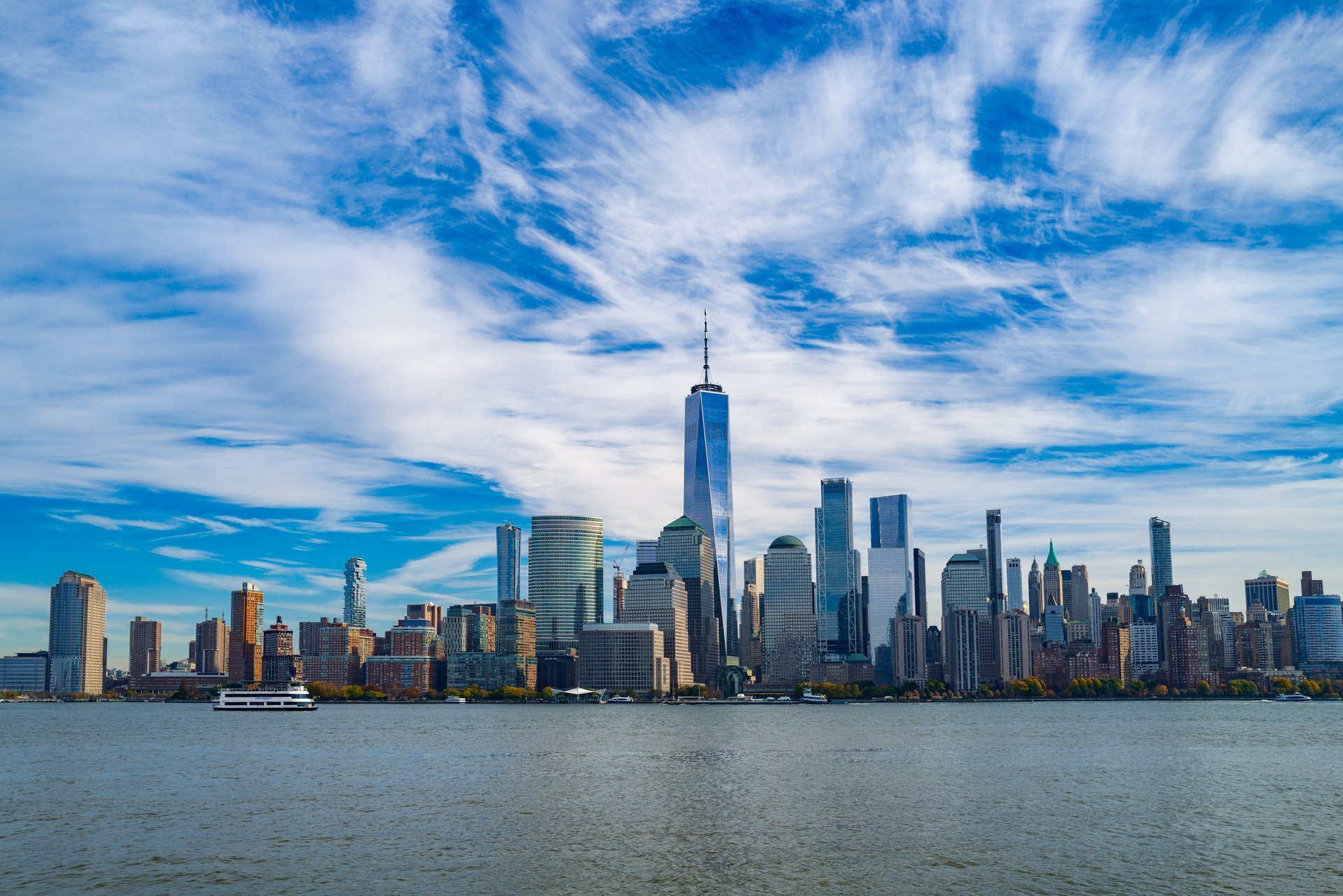 New York City skyline. NYC skyscrapers. Manhattan skyline. NY cityscape with clouds. Downtown New York buildings.