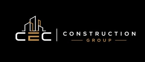 CEC Construction Group logo featuring stylized buildings with gold and white lines on black background